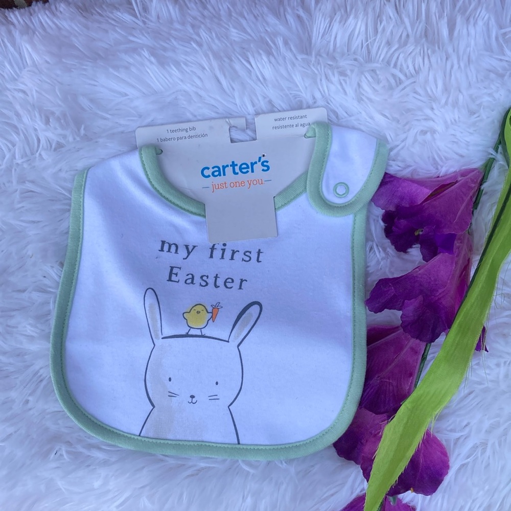 Carter's White and Green Baby Bib with Bunny Design (EE)